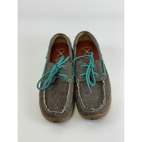 Twisted X Eco Boat Shoe Driving Mocs Brown Canvas Teal Lace Up Comfort Womens 6 - Picture 4 of 11